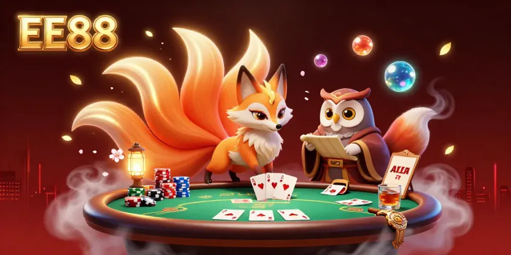 Engage in the captivating world of EE88 with a vibrant, illuminated scene featuring a nine-tailed fox, poker elements, and enchanting characters.