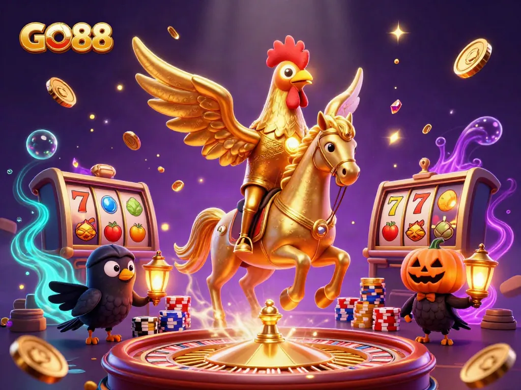 Engage with GO88 as the golden rooster and companions navigate a vibrant casino scene.