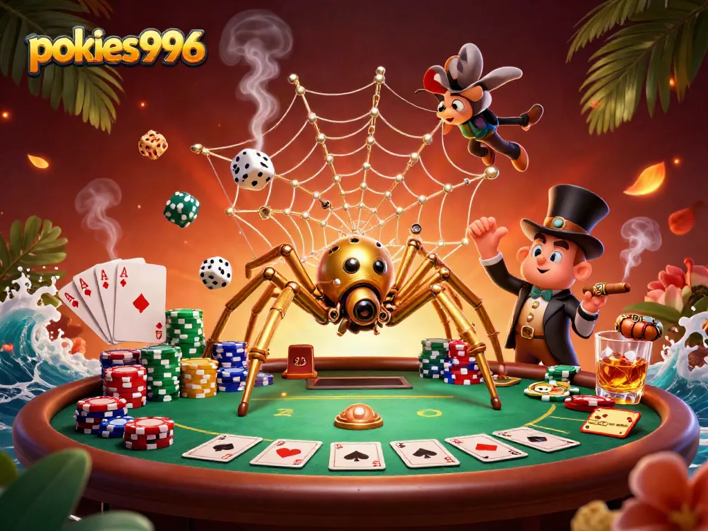 Play pokies996 at a dynamic casino scene with poker elements and a whimsical steampunk spider.